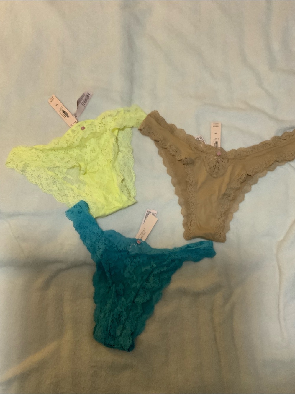 Victoria's Secret Lace Thong Trio in Neon Yellow, Teal, and Tan